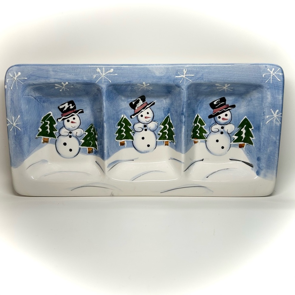 Vintage Nantucket Snowman Ceramic Divided Tray Dipping Dish Christmas Tableware